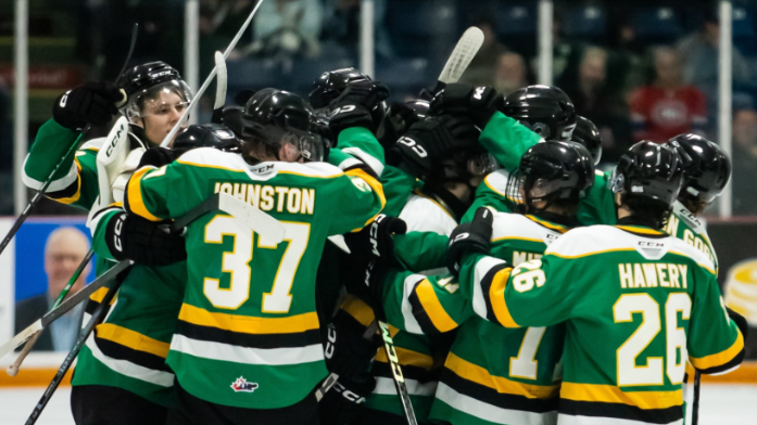 The London Knights celebrate after a 5-4 shootout win over the Erie Otters in St. Thomas, Ont. on Saturday, Sept. 7, 2024 (Source: Brent Lale/CTV News London)