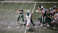 Noah Pelletier prepares to pass deep in Huskies territory during the fourth quarter of play on Sept. 6, 2024. (David Prisciak/CTV News)