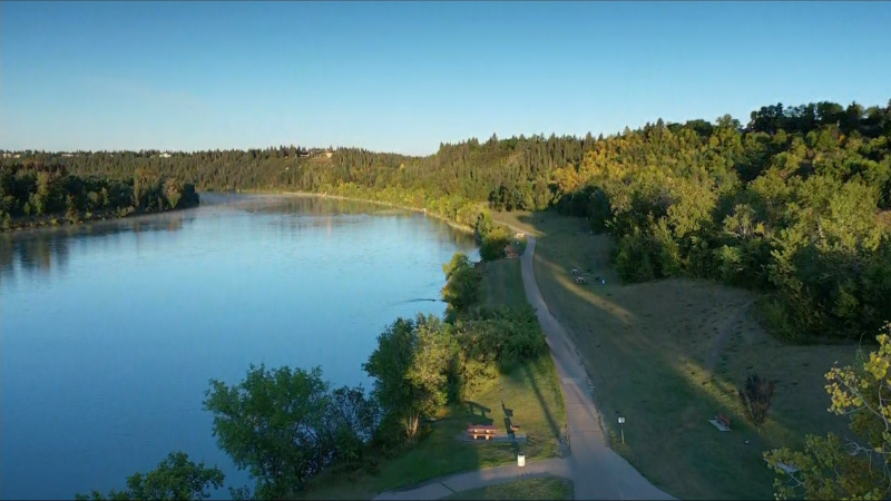 An aerial image of the North Saskatchewan River valley in Edmonton on Sept. 10, 2024. (Cam Wiebe / CTV News Edmonton) 