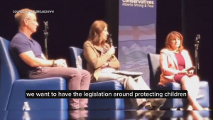 Danielle Smith speaks at a UCP townhall event. (Source: The Breakdown)