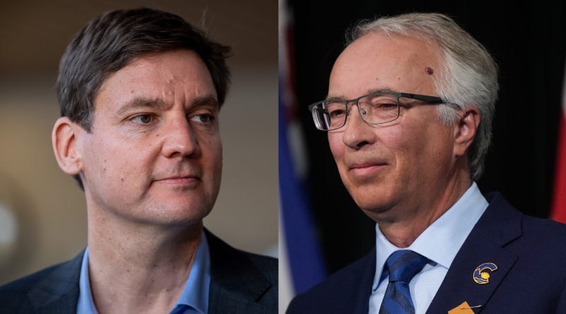 LEFT: B.C. Premier David Eby waits to speak during a news conference at in Surrey, B.C., Tuesday, June 18, 2024. (THE CANADIAN PRESS/Ethan Cairns) RIGHT: BC Conservative Leader John Rustad listens during a news conference in Vancouver, B.C., Wednesday, Aug. 28, 2024. (THE CANADIAN PRESS/Darryl Dyck) 