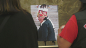 A photo of Grand Chief Cathy Merrick on display outside the Manitoba Law Courts. Uploaded Sept. 10, 2024. (Scott Andersson/CTV News Winnipeg)