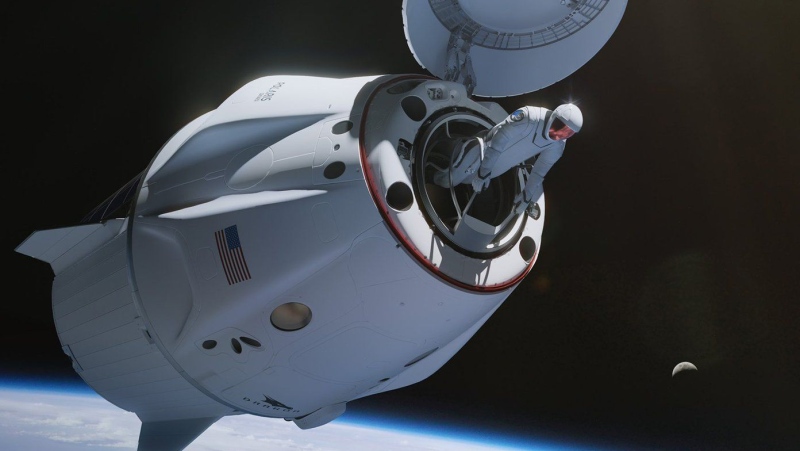 This illustration provided by SpaceX in 2024 depicts a spacewalk from the Dragon capsule. (SpaceX via AP)