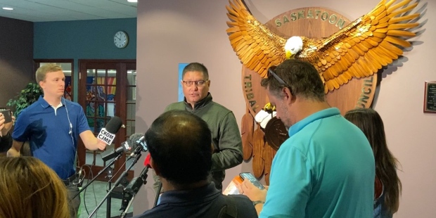 Saskatoon Tribal Council Chief Mark Arcand speaks to reporters on Sept. 11, 2024. (Dan Shingoose / CTV News)