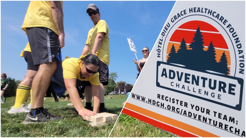 A team of participants at the inaugural Adventure Challenge at Lakeside Park in Kingsville deadlift a teammate who is tasked with stacking blocks from side to side on Sept. 14, 2024. (Sanjay Maru/CTV News Windsor)