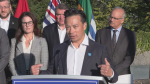 Vancouver Mayor Ken Sim speaks on behalf of a coalition of B.C. elected officials demanding action from the federal government on public safety, mental health and addiction, on Sept. 16, 2024. 