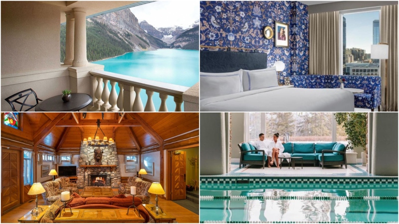 Four Alberta hotels featured in 2024 Michelin Guide: Fairmont Chateau Lake Louise (top left), The Dorian (top right), Post Hotel and Spa (bottom left) and Fairmont Banff Springs (bottom right.) 