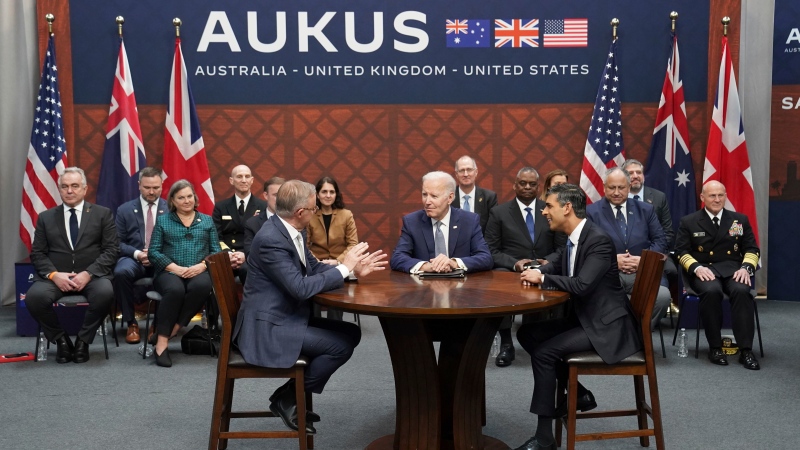 U.S. President Joe Biden, centre, meets with leaders in San Diego as part of AUKUS on March 13, 2023. (Stefan Rousseau / Pool via AP) 