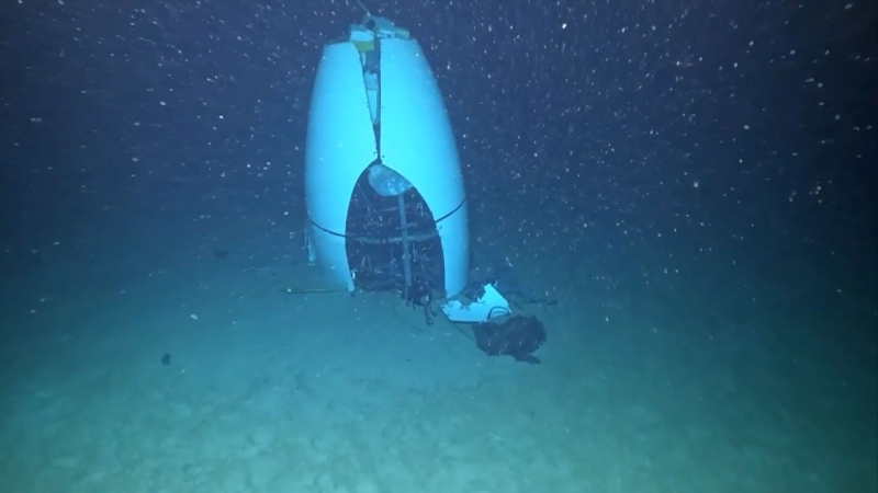 This still from a video released by the U.S. Coast Guard Marine Board of Investigation shows the tail cone of the Titan submersible at the bottom of the Atlantic Ocean on June 22, 2023. (Source: DVIDS via Storyful)