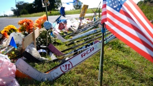 Shown is a makeshift memorial for NHL hockey player Johnny Gaudreau and his brother Matthew who were killed by a suspected drunken driver as they bicycled on a rural road, Sept. 5, 2024, in Oldmans Township , N.J., Thursday. (AP Photo/Matt Rourke)