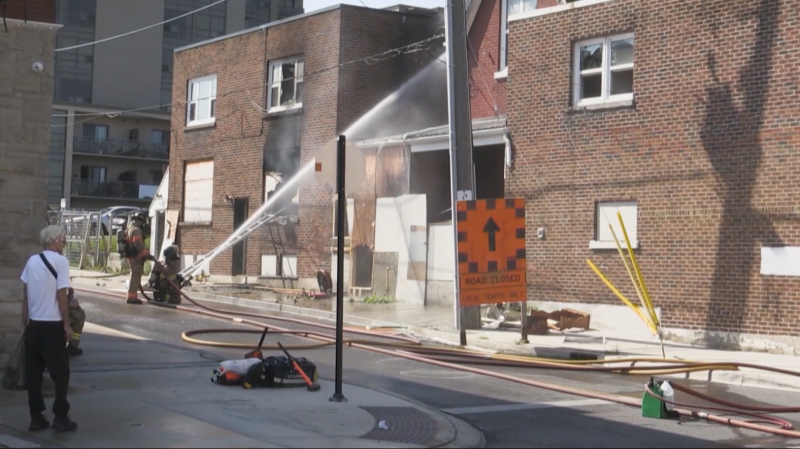 Crews work to put out a blaze at an abandoned building on Dundas Street in London, Ont. on Sept. 5, 2024. (Bailey Shakyaver/CTV News London)