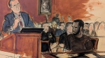 In this courtroom sketch, Sean Combs, seated right, looks at his attorney, Marc Agnifilo, left, as he delivers his bail argument as Combs' family in the gallery, background, raise their hands indicating to Judge Tarnofsky that they are in attendance, to bolster the defense attorney's bail argument, Tuesday, Sept. 17, 2024, in Manhattan Federal Court in New York. (Elizabeth Williams via AP)