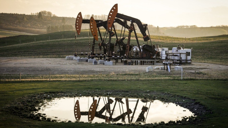 Pumpjacks draw out oil and gas from a well heads as wildfire smoke hangs in the air near Calgary, Alta., on Sunday, May 12, 2024. THE CANADIAN PRESS/Jeff McIntosh