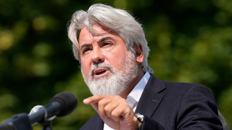 Pablo Rodriguez announces his resignation as transport minister during a press conference in Gatineau, on Thursday September 19, 2024. (The Canadian Press/Adrian Wyld)