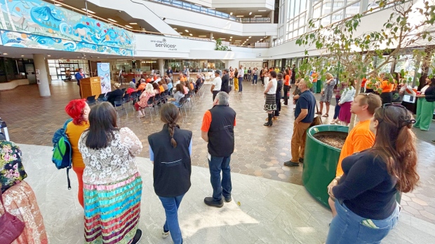 While the National Day for Truth and Reconciliation is Sept. 30, officials with Greater Sudbury, neighbouring First Nation communities and elders came together Thursday at Tom Davis Square for an inaugural flag-raising ceremony. (Lyndsay Aelick/CTV News)