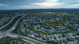 An aerial shot of the Terwillegar Drive NW and Haddow Drove NW intersection in south Edmonton on Sept. 20, 2024. (Cam Wiebe / CTV News Edmonton) 