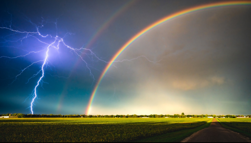 Joey Siemens captured a photo of a double rainbow over Winkler at the same time as a lightning strike during a thunderstorm on Sept. 20, 2024. (Joey Siemens)