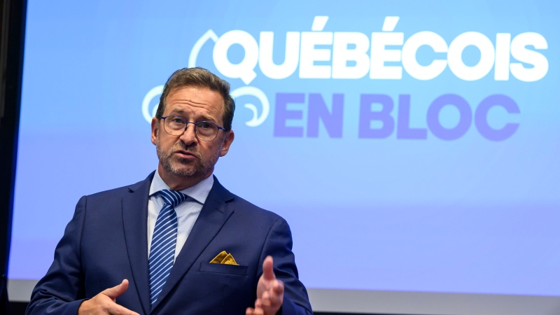 Bloc Quebecois Leader Yves-Francois Blanchet speaks during a meeting of his caucus in the parliamentary precinct in Ottawa, on Wednesday, Sept. 18, 2024. THE CANADIAN PRESS/Justin Tang