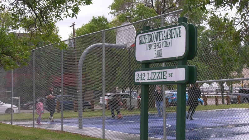 Community members and elected officials celebrated the opening of Giizhigooweyaabikwe Park in Winnipeg's Centennial neighbourhood on Sept. 21, 2024. (Daniel Halmarson/CTV News Winnipeg)