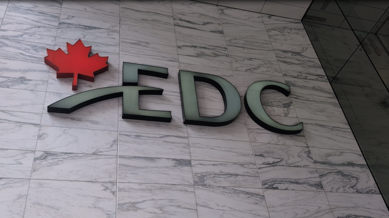 The EDC logo is seen on the side of its headquarters at 150 Slater St., Sept. 23, 2024. (Maddison de Varennes/CTV News Ottawa)