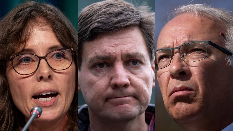 From left to right: B.C. Green leader Sonia Furstenau, B.C. NDP leader David Eby and B.C. Conservative leader John Rustad. (Credit: The Canadian Press/Ethan Cairns, Darryl Dick)