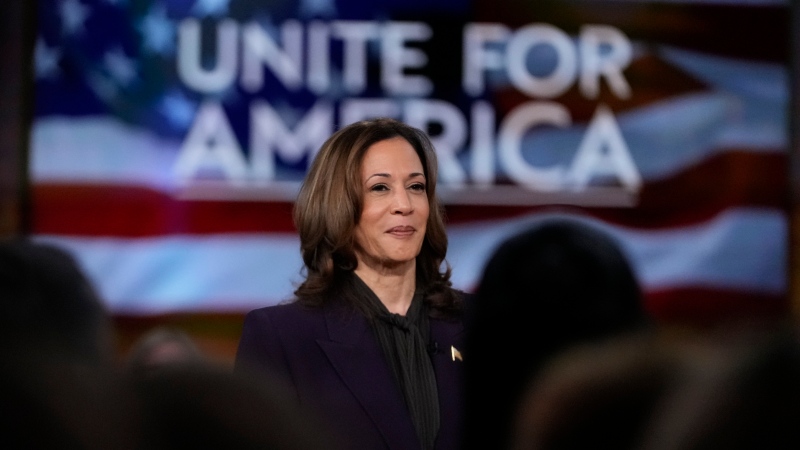 Democratic presidential nominee Vice-President Kamala Harris listens as she joins Oprah Winfrey at Oprah's Unite for America Live Streaming event on Sept. 19, 2024 in Farmington Hills, Mich. (AP Photo/Paul Sancya)