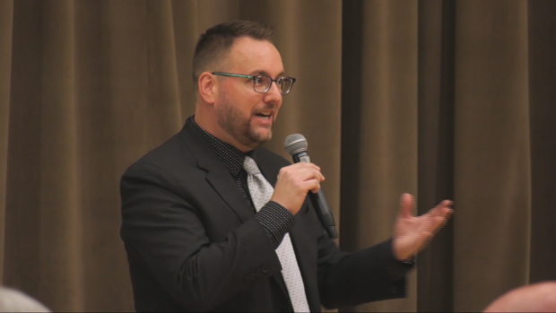 Ward 4 Councillor Mark McKenzie speaking at his ward meeting on Sept. 24, 2024. (Travis Fortnum/CTV News Windsor)