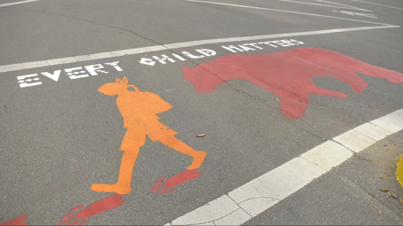 An image of St. Albert's crosswalk honouring residential school survivors and their descendants at the intersection of St. Anne and Perron Streets on Sept. 25, 2024. (Evan Klippenstein / CTV News Edmonton) 