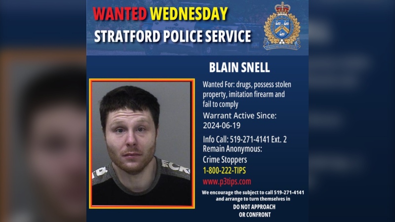 Blain Snell, 30, is wanted on drug, possessing stolen property, imitation firearm and failure to comply charges. (Stratford Police Service)

