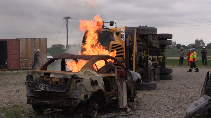 Firefighters and paramedics from across Huron County do their first collaborative emergency exercise, simulating an overturned bus, leading to a "mass casualty" event in Blyth, September 25, 2024 (Scott Miller/CTV News London)