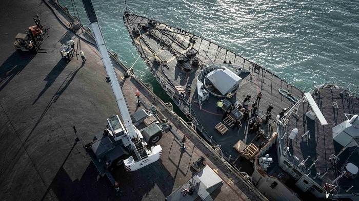 HMCS Vancouver performs the Royal Canadian Navy’s first missile rearmament outside of Canada and the United States on Sept. 23, 2024, in Australia. (Conor R.G. Munn/Canadian Armed Forces)