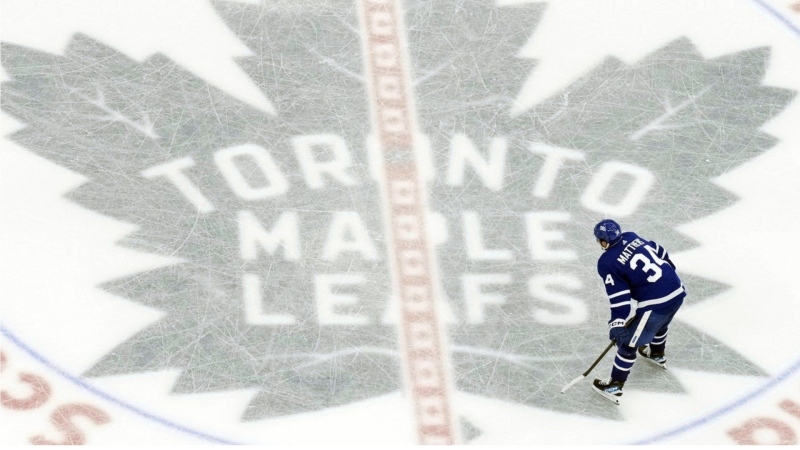 Toronto Maple Leafs' Auston Matthews reacts during his team's loss to the Vegas Golden Knights in an NHL hockey game in Toronto, on Tuesday, Feb. 27, 2024. (Chris Young/The Canadian Press via AP, File)