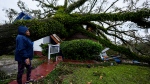 Ronda Bell looks on after an Oak tree landed on her 100-year-old home after Hurricane Helene moved through, Friday, Sept. 27, 2024, in Valdosta, Ga. (AP Photo/Mike Stewart)