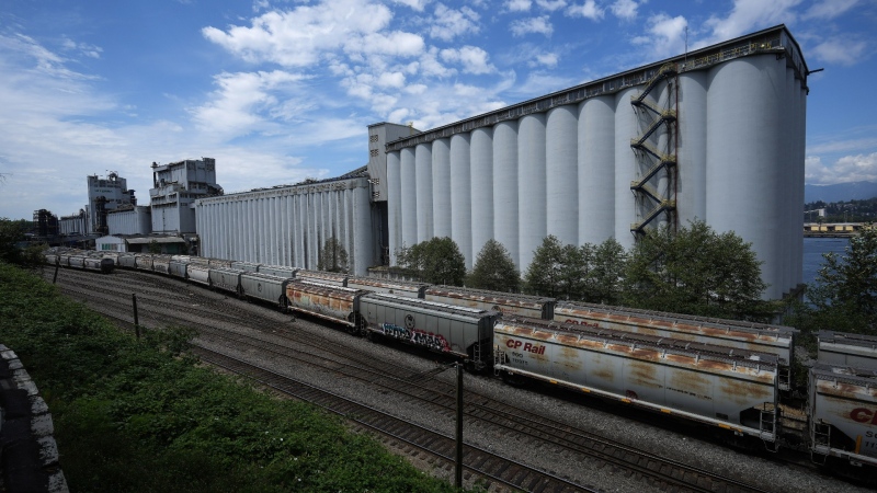 Rail cars are seen on the tracks outside the Viterra Cascadia Terminal, that handles grain exports, in Vancouver on Wednesday, July 12, 2023. (Darryl Dyck / The Canadian Press)