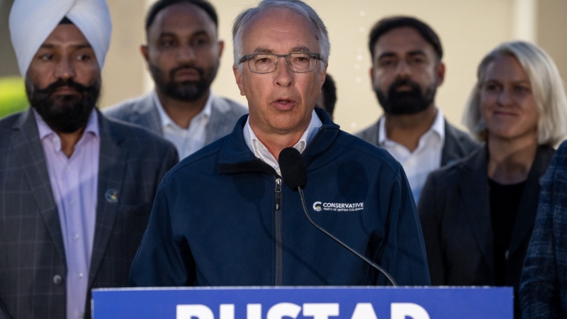 B.C. Conservative Leader John Rustad speaks at an announcement in Surrey B.C., Monday, Sept. 23, 2024. (Ethan Cairns / The Canadian Press)