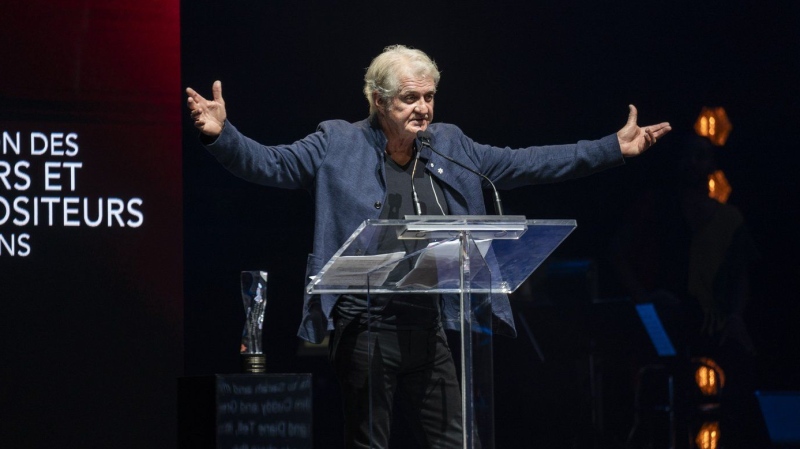 Tom Cochrane gives an award speech at the Canadian Songwriters Hall of Fame Induction Ceremony at Massey Hall in Toronto, on Saturday, September 28, 2024. THE CANADIAN PRESS/Paige Taylor White