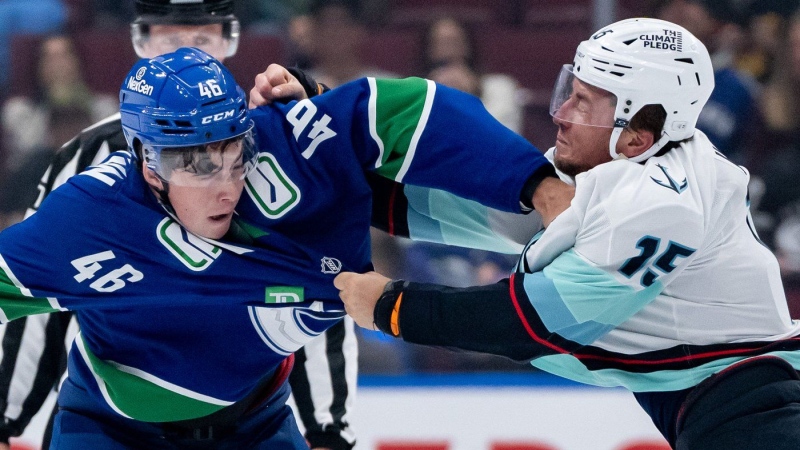 The Vancouver Canucks have signed forward Vilmer Alriksson to a three-year, entry-level contract, the NHL club announced Sunday. Alriksson (46) fights Seattle Kraken's John Hayden (15) during first period NHL pre-season hockey action in Vancouver, B.C., Tuesday, Sept. 24, 2024. THE CANADIAN PRESS/Ethan Cairns