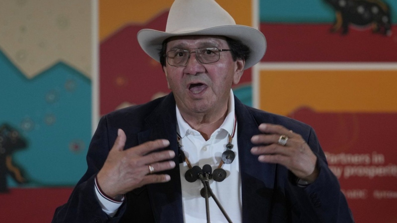 Blood Tribe Chief Roy Fox speaks at a news conference in Calgary on July 30, 2024. THE CANADIAN PRESS/Todd Korol