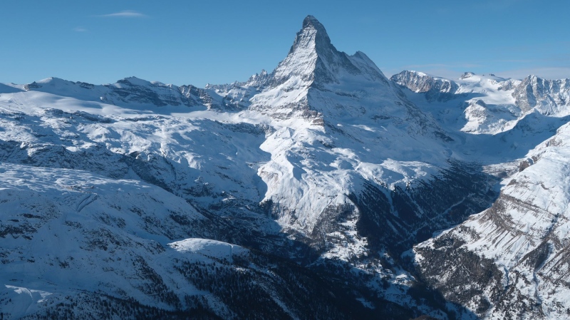 The Matterhorn mountain looms above the valley that includes the village of Zermatt on January 7, 2022 near Zermatt, Switzerland. (Sean Gallup / Getty Images via CNN Newsource)