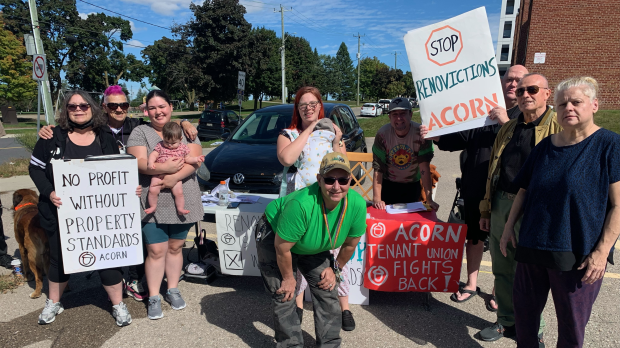 Acorn and Borden Avenue tenants at a protest in Kitchener on Oct. 2, 2024. (Krista Sharpe/CTV News)