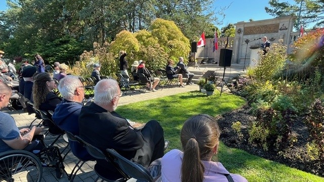 The community gathers for a re-dedication service for the Boer War Memorial in Windsor, Ont. on Oct. 2, 2024. (Chris Campbell/CTV News Windsor)