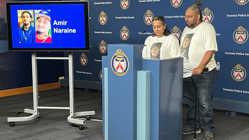 The Toronto Police Service were joined at a news conference on Thursday by Devika Naraine, the mother of Amir Naraine, who was killed in 2019. (Beth Macdonell/CTV News Toronto)