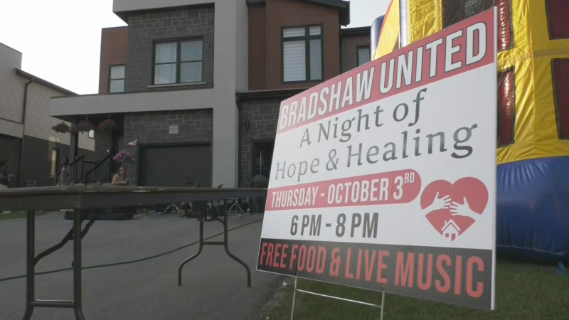 A sign at the "Bradshaw United: A Night of Hope and Healing" event on Oct. 3, 2024. (Jeff Pickel/CTV News)