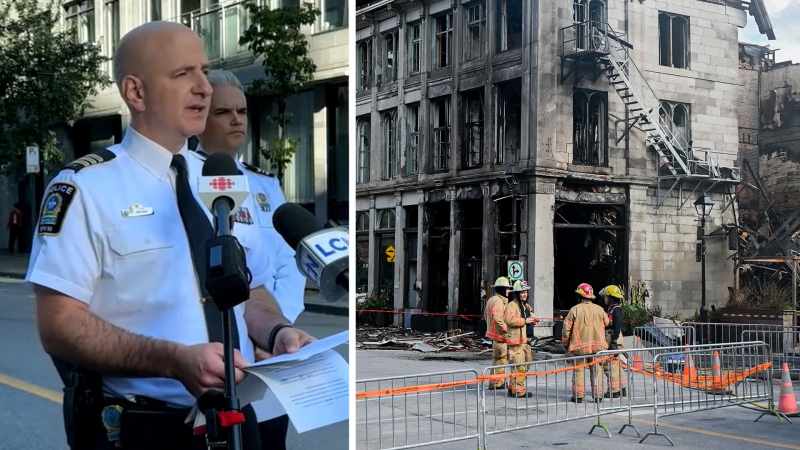 Firefighters stand next to a building in Old Montreal on Saturday, Oct., 5, 2024. A fire that tore through a century-old building in Old Montreal killed at least two people and forced dozens of others out of the area, city police confirmed Saturday as they continued to probe what caused the building to catch alight. THE CANADIAN PRESS/Graham Hughes