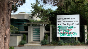 Vandalism is seen at Chip Wilson's waterfront mansion in Vancouver, B.C., on Oct. 6, 2024. 