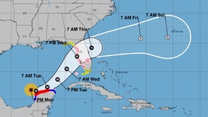 This tracking map from the U.S. National Hurricane Center shows the five-day probable path of the centre of Hurricane Milton, as forecast on Monday, Oct. 7, 2024.