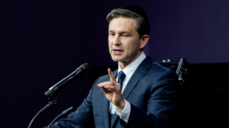 Conservative Leader Pierre Poilievre delivers remarks during a commemorative event in solidarity with Jewish community members on the anniversary of the Oct. 7 hostilities, in Ottawa, Oct. 7, 2024. THE CANADIAN PRESS/Spencer Colby