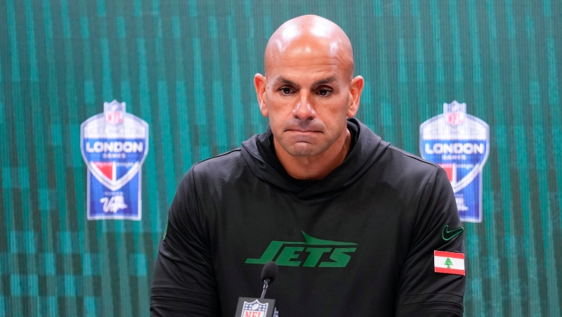 New York Jets head coach Robert Saleh talks to reporters after an NFL football game against the Minnesota Vikings, Sunday, Oct. 6, 2024, at the Tottenham Hotspur stadium in London. (AP Photo/Kirsty Wigglesworth)
