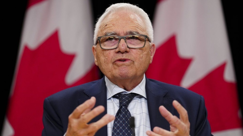 Commissioner of Official Languages of Canada Raymond Theberge holds a press conference at the National Press Theatre in Ottawa on May 7. (Sean Kilpatrick/The Canadian Press)