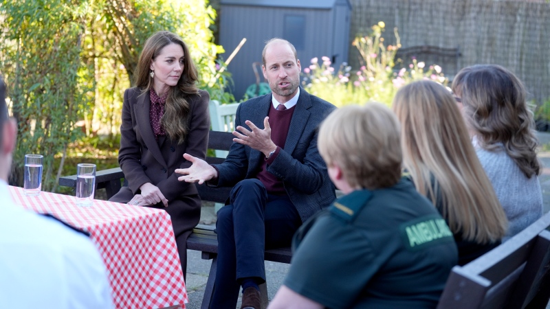 Prince William and Kate, Princess of Wales, speak to members of the emergency services at Southport Community Centre in Southport, England on Oct. 10, 2024. (Danny Lawson, Pool Photo via AP)